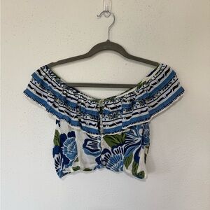 Rachel Zoe Bloom Blue Boho Ruffle Off Shoulder Crop